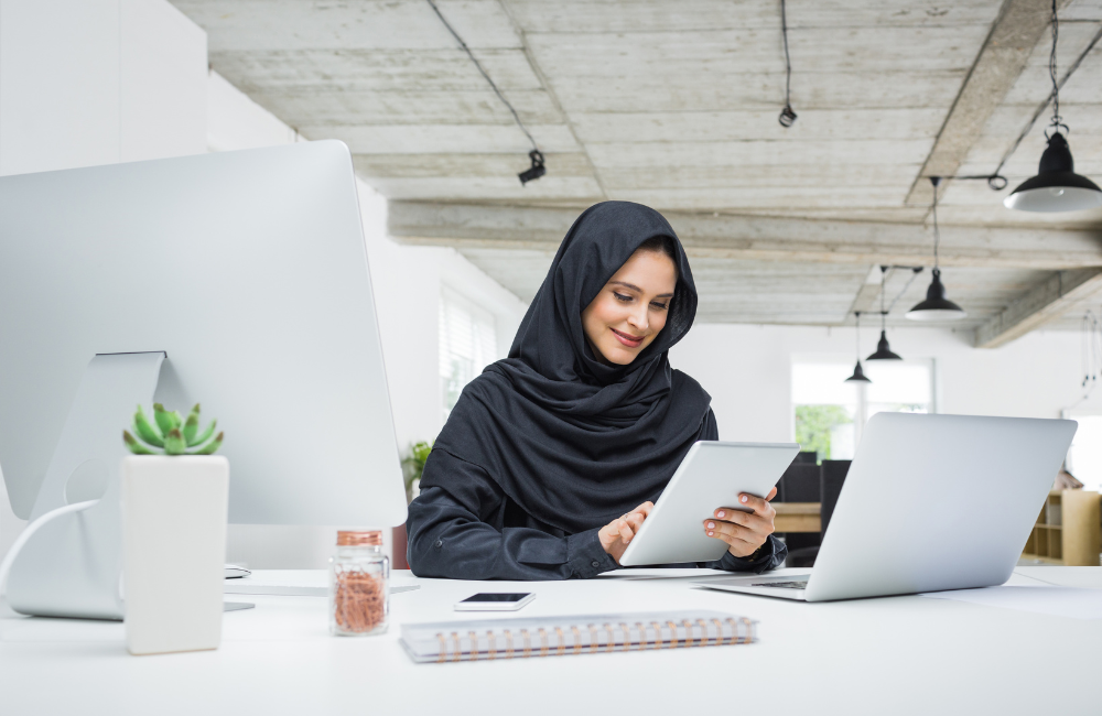 Muslim entrepreneur working on a business plan