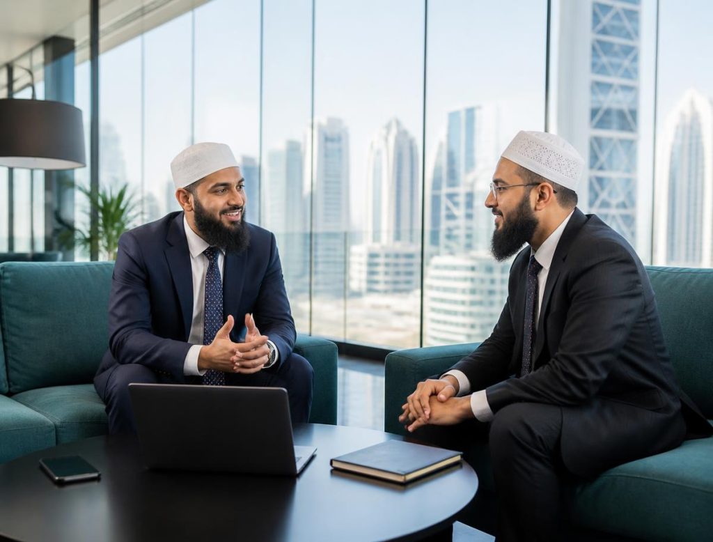 Business owners meeting in a modern office lounge