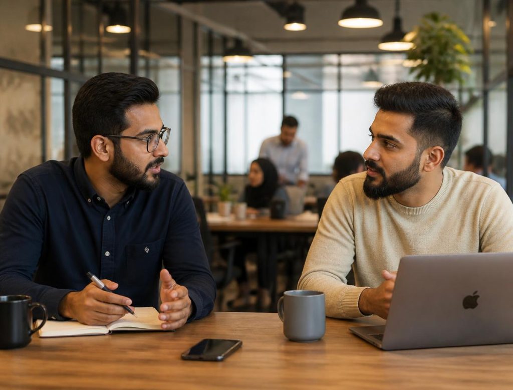 Founders in conversation at a co-working table
